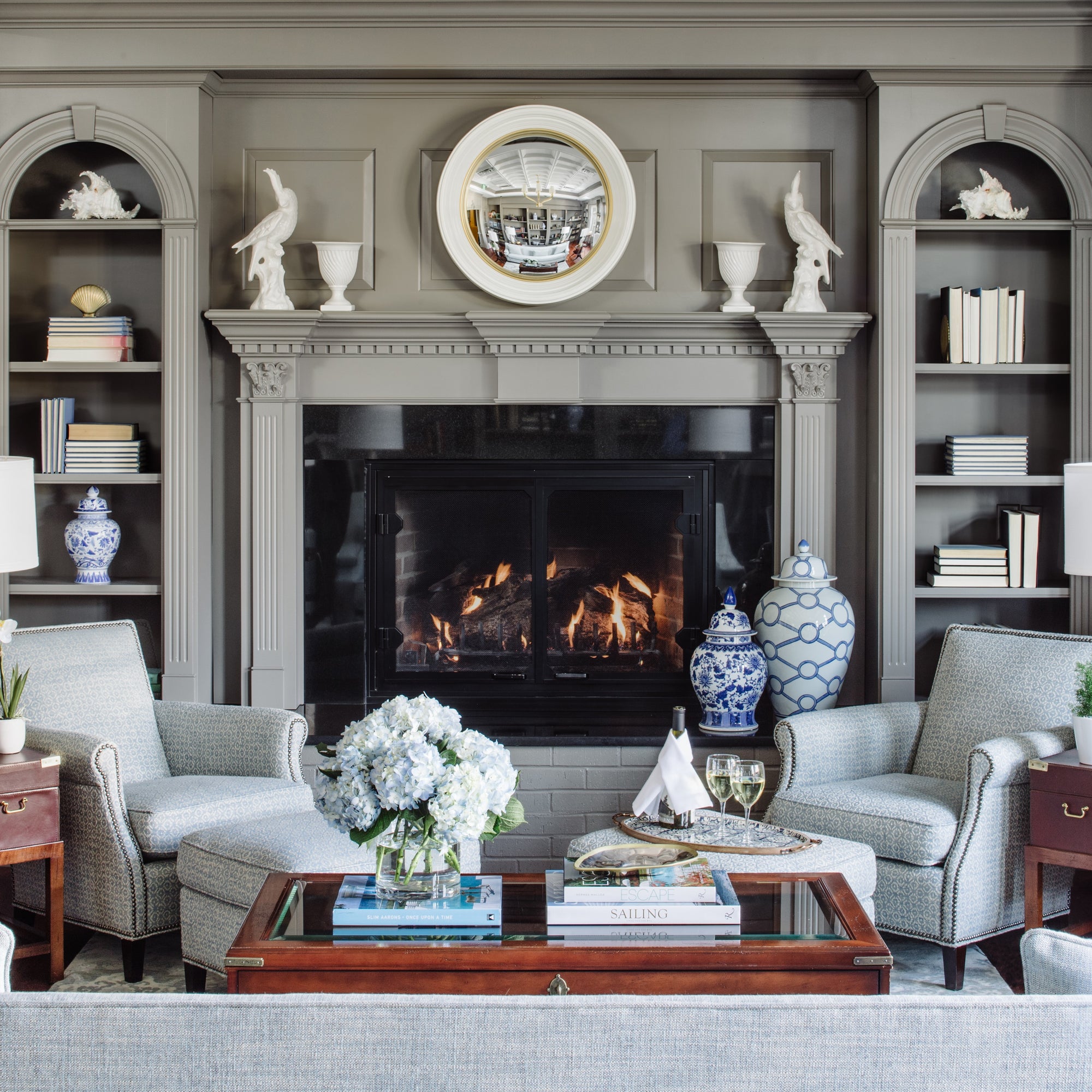 Fireplace in the library at the Bellmoor Inn in Rehoboth Beach, DE - Design by Jamie Merida