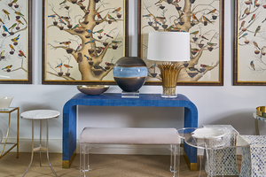 Waterfall console in blue with bench and artwork - from the Jamie Merida Collection for Chelsea House